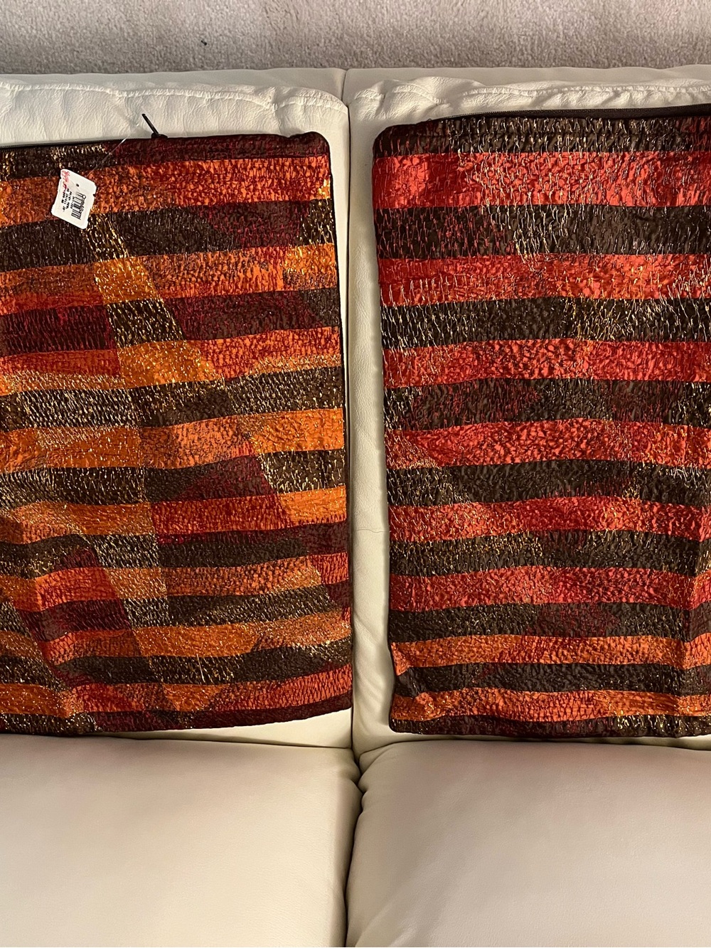 CRATE and BARREL Striped Rust, Brown, and Gold Throw Pillow Covers (Pair)